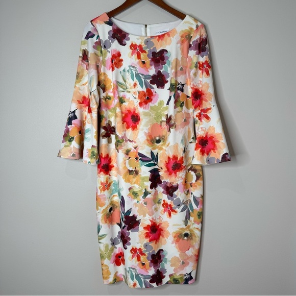 Calvin Klein Colorful Floral Print Flair Sleeve Knee Length Office Dress size 12 - Picture 1 of 11